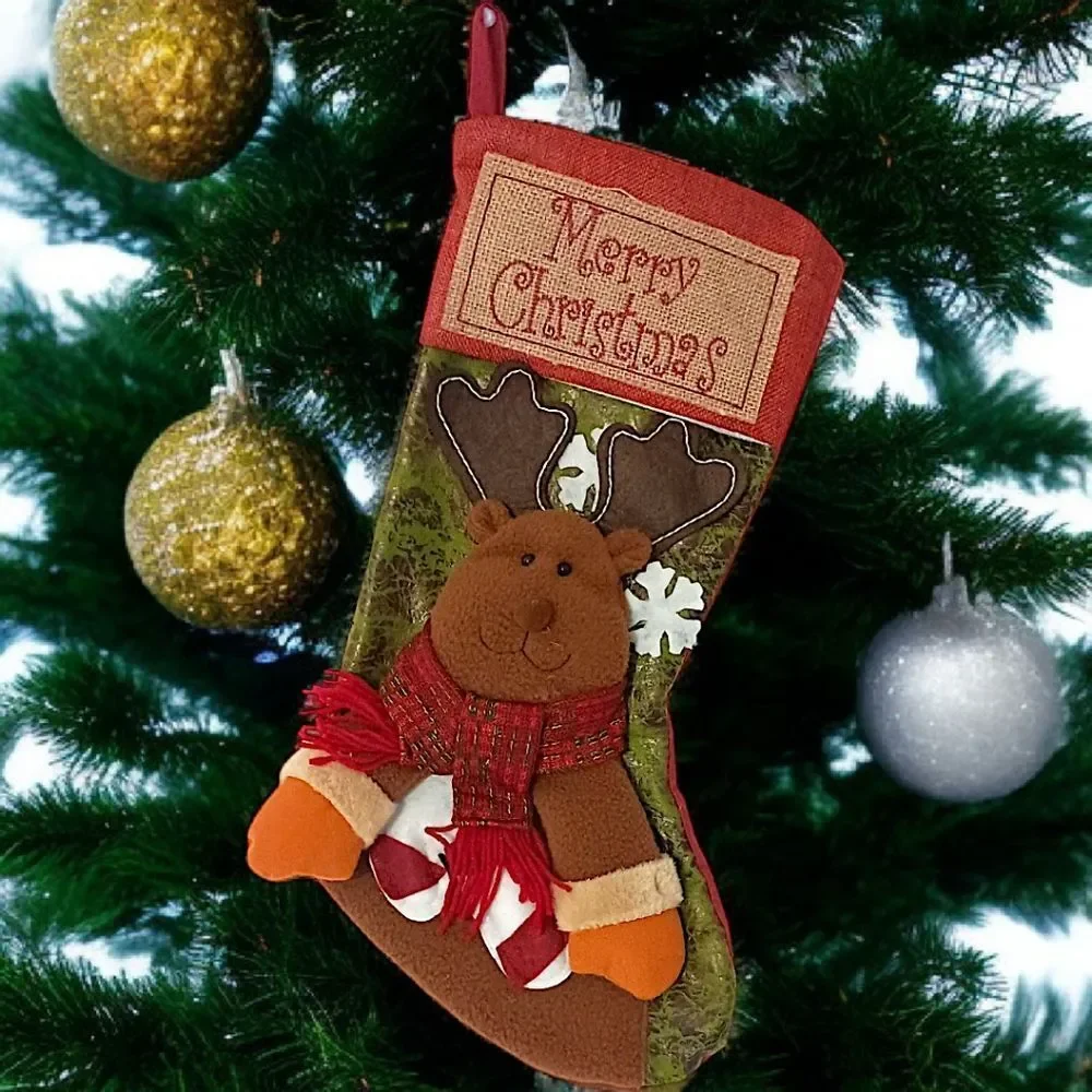 Reindeer‎ Moose Christmas Stocking Plush Folk Art Cabin Rustic Farmhouse Holiday